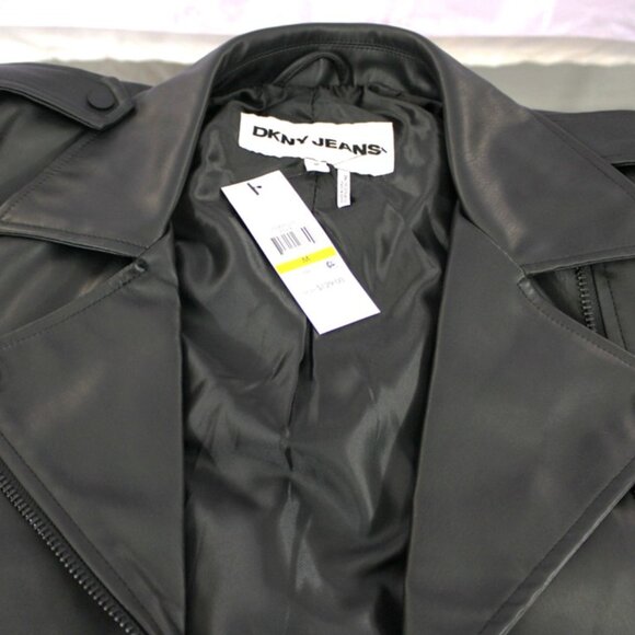 NEW DKNY Black Faux Leather Moto Jacket – Belted Waist, Asymmetrical Zip Size M - Picture 3 of 16